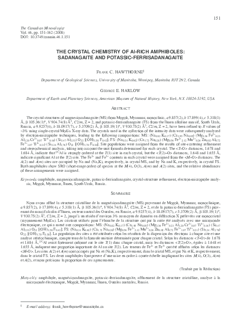 (PDF) THE CRYSTAL CHEMISTRY OF AlRICH AMPHIBOLES SADANAGAITE AND