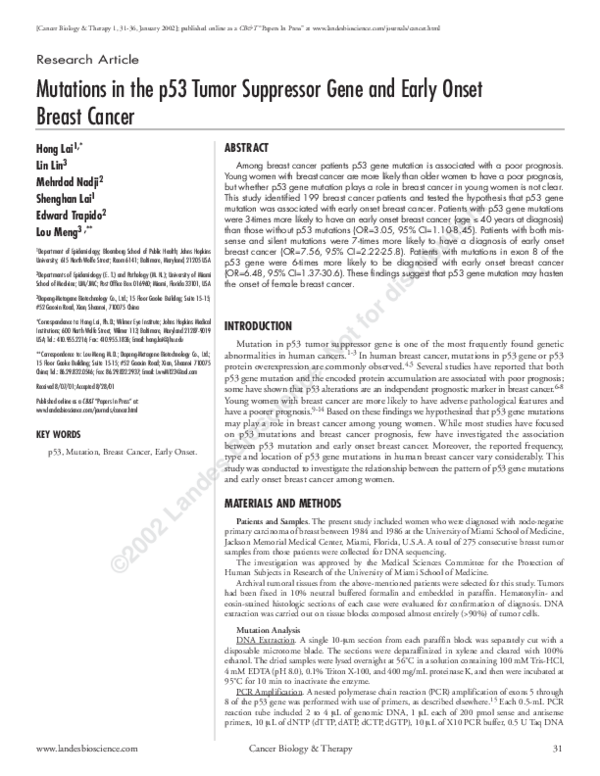 (PDF) Mutations in the p53 Tumor Suppressor Gene and Early Onset Breast ...