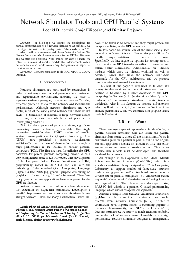 (PDF) Network Simulator Tools and GPU Parallel Systems Dimitar
