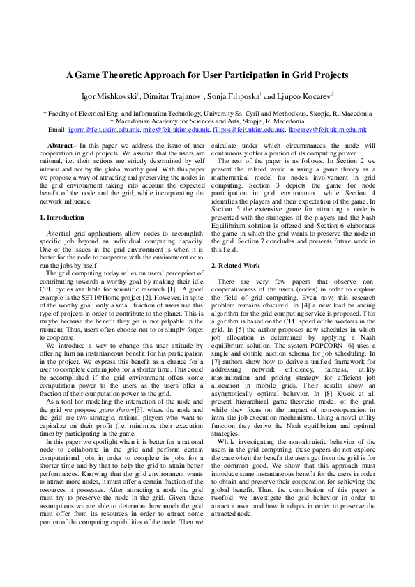 (PDF) A Game Theoretic Approach for User Participation in Grid Projects