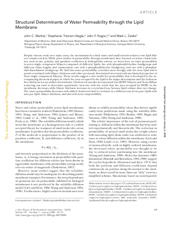 (PDF) Structural Determinants of Water Permeability through the Lipid ...