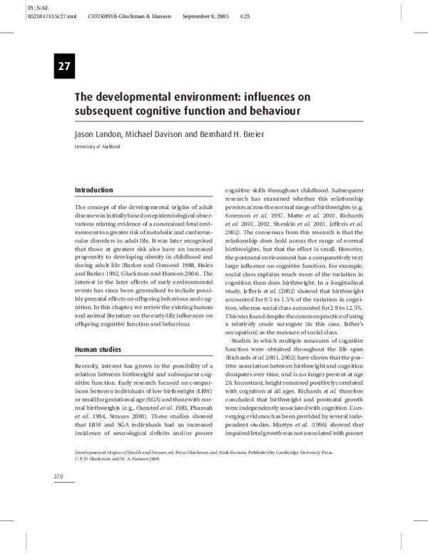 (PDF) Early life influences on subsequent cognitive function and behaviour