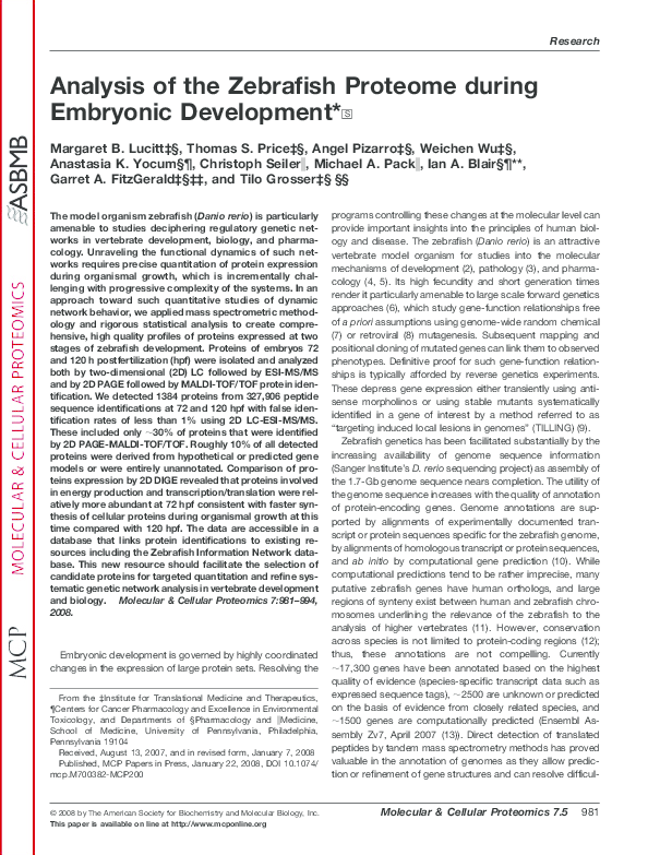 (PDF) Analysis of the Zebrafish Proteome during Embryonic Development