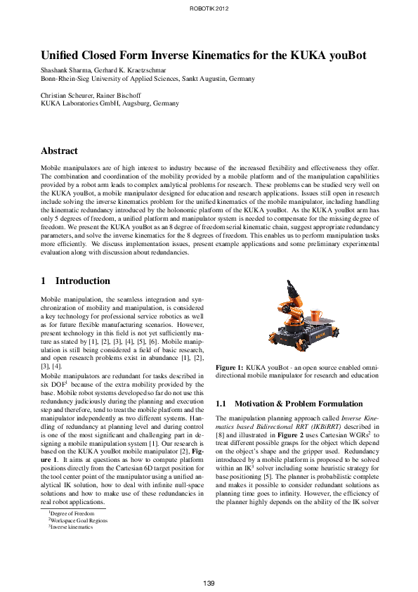 (PDF) Unified Closed Form Inverse Kinematics for the KUKA youBot