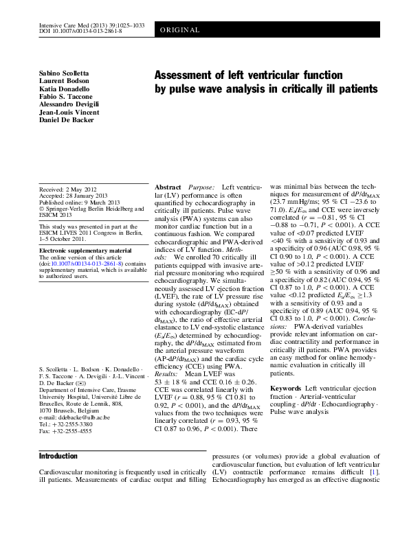 (PDF) Assessment of left ventricular function by pulse wave analysis in ...