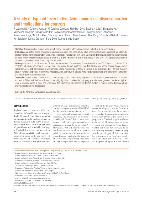 (PDF) A study of typhoid fever in five Asian countries: disease burden ...