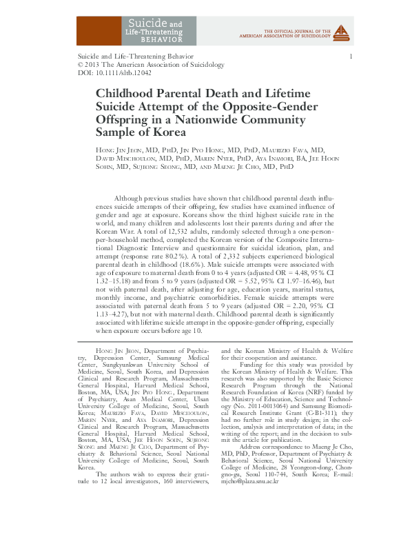 (PDF) Childhood Parental Death and Lifetime Suicide Attempt of the ...
