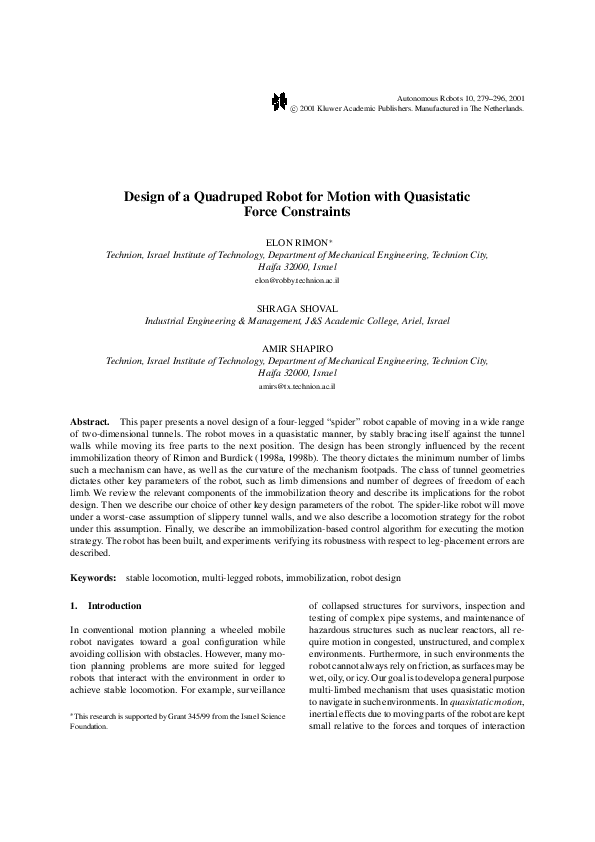 (PDF) Design of a quadruped robot for motion with quasistatic force ...