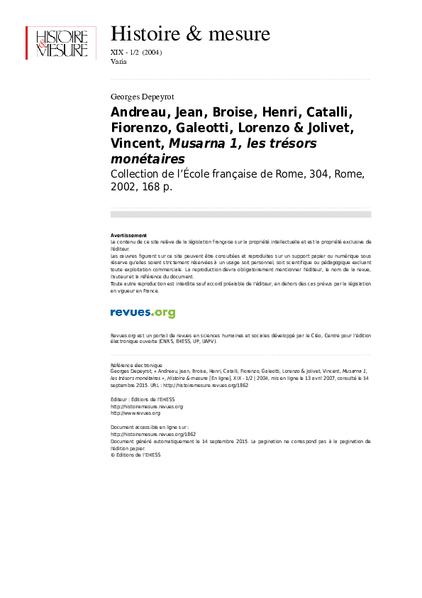(PDF) Compte rendu de Andreau, J., Broise, H., Catalli, F., Galeotti, L ...