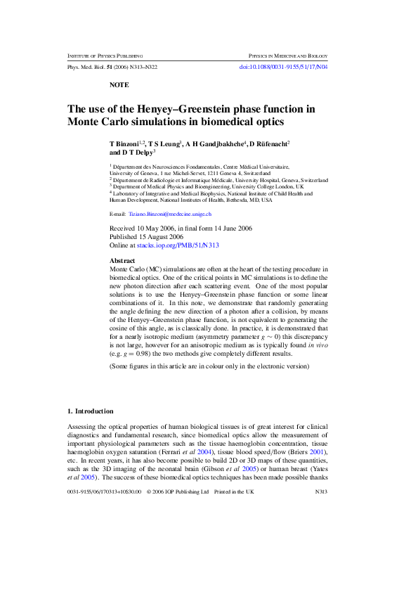 (PDF) The use of the Henyey–Greenstein phase function in Monte Carlo ...