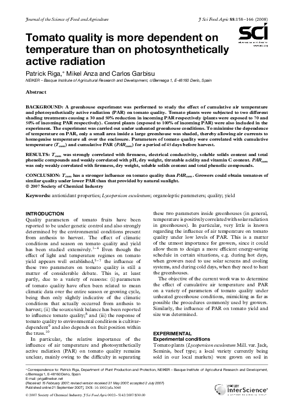 (PDF) Tomato quality is more dependent on temperature than on photosynthetically active