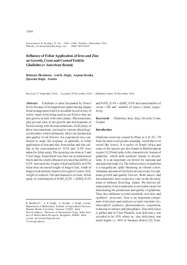 (PDF) Influence of Foliar Application of Iron and Zinc on Growth, Corm ...