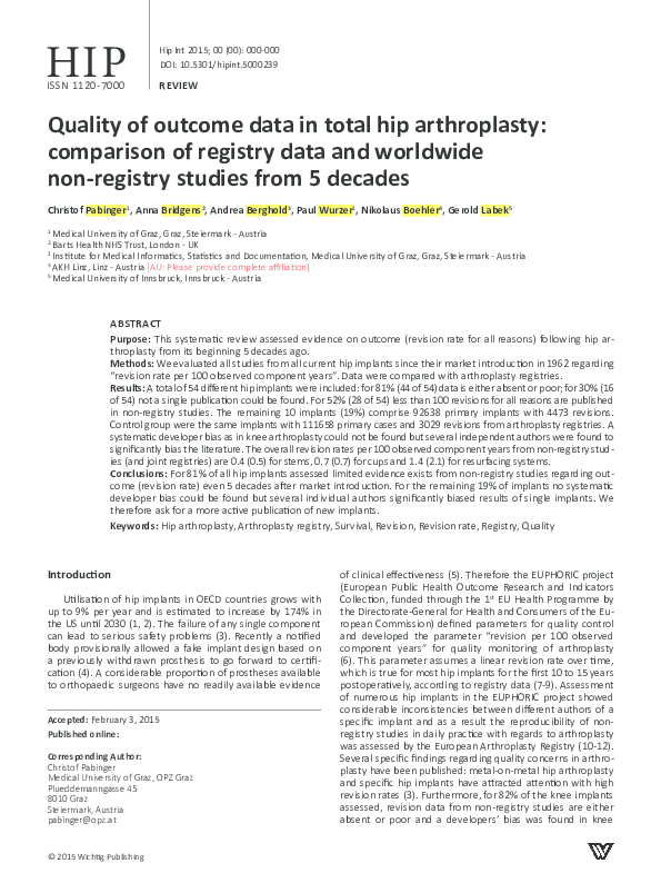 (PDF) Quality of outcome data in total hip arthroplasty: comparison of ...