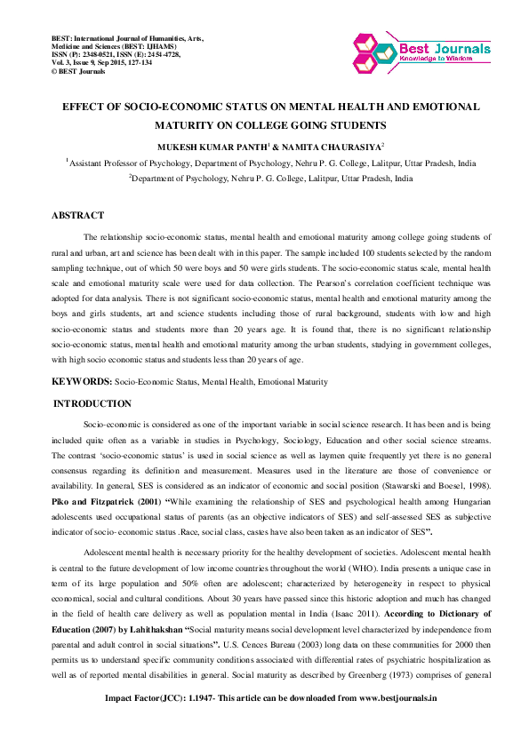 (PDF) Effect of SocioEconomic Status on Mental Health and Emotional