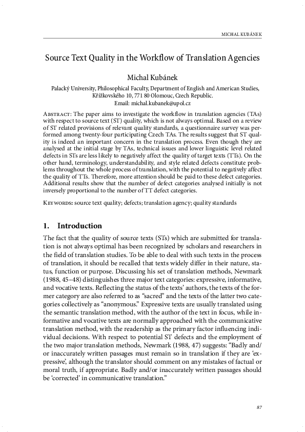 (PDF) Source Text Quality in the Workflow of Translation Agencies