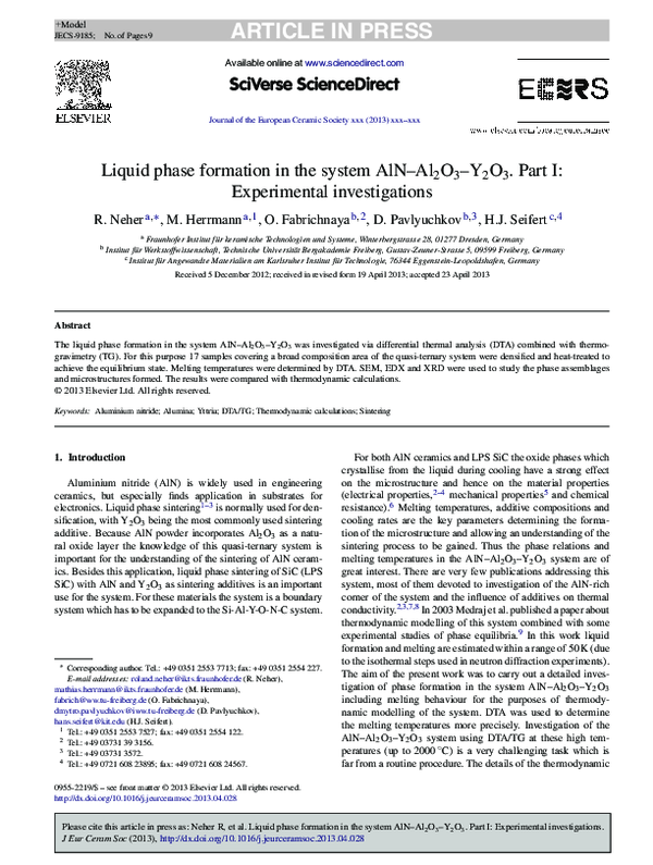 (PDF) Liquid phase formation in the system AlN–Al2O3–Y2O3. Part I ...