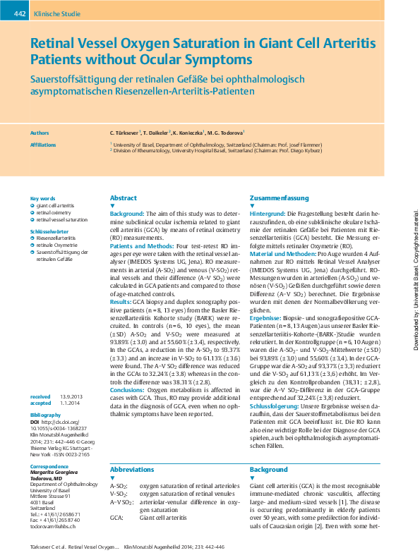 (PDF) Retinal Vessel Oxygen Saturation in Giant Cell Arteritis Patients ...