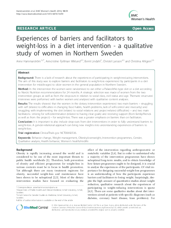 (PDF) Experiences of barriers and facilitators to weight-loss in a diet ...