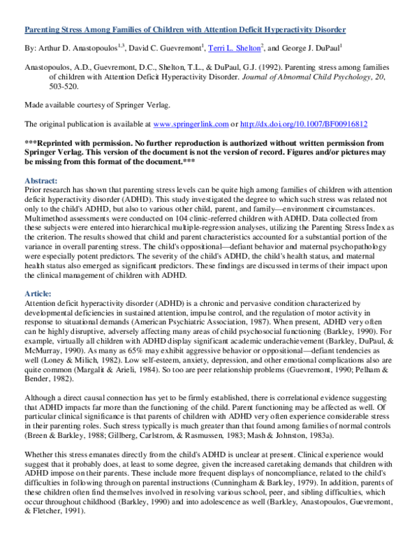 (PDF) Parenting stress among families of children with attention ...