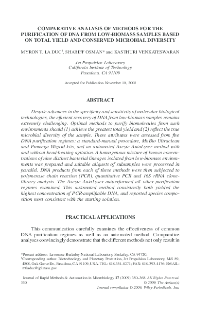 (PDF) COMPARATIVE ANALYSIS OF METHODS FOR THE PURIFICATION OF DNA FROM ...