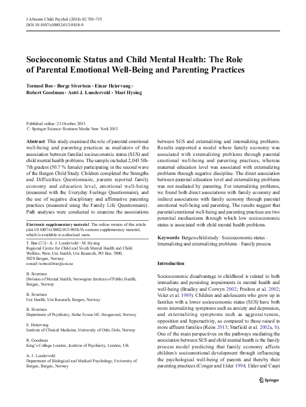 (PDF) Socioeconomic Status and Child Mental Health: The Role of ...