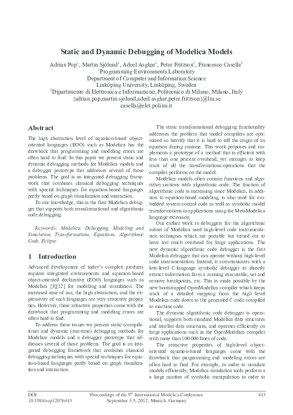 (PDF) Static and Dynamic Debugging of Modelica Models
