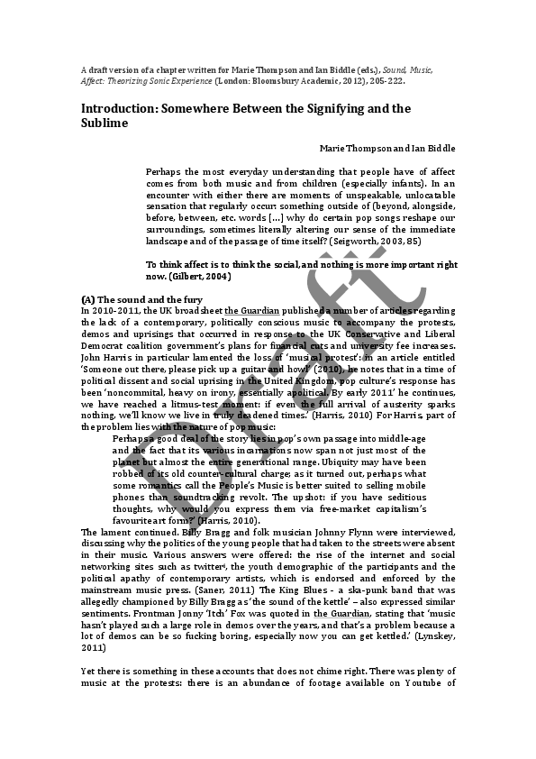 (PDF) Sound, Music Affect Theorizing Sonic Experience. Ian Biddle