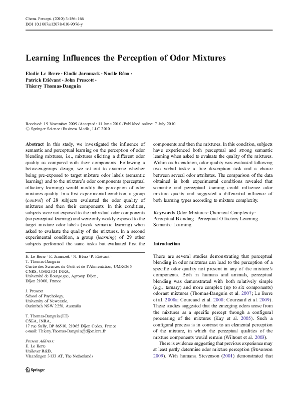 (PDF) Learning Influences the Perception of Odor Mixtures