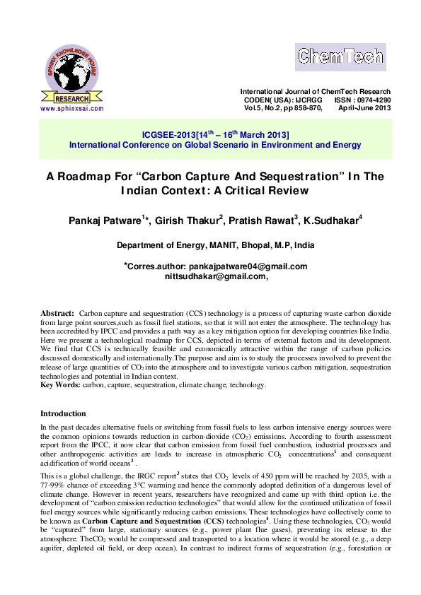 (PDF) A Roadmap For “Carbon Capture And Sequestration” In The Indian ...