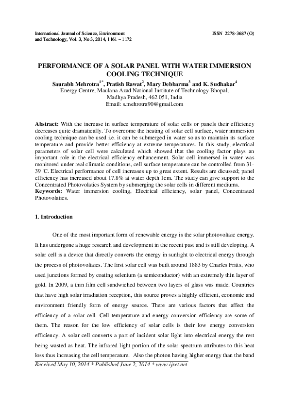 (PDF) PERFORMANCE OF A SOLAR PANEL WITH WATER IMMERSION COOLING TECHNIQUE