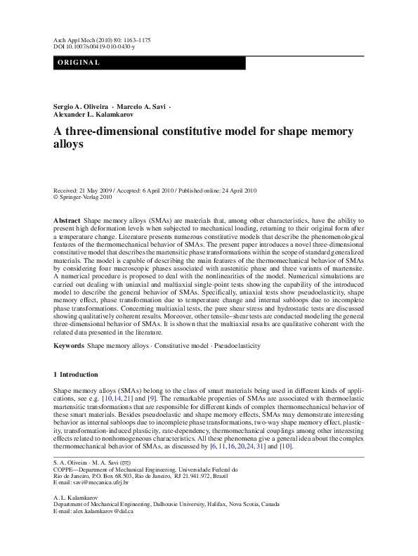 (PDF) A three-dimensional constitutive model for shape memory alloys