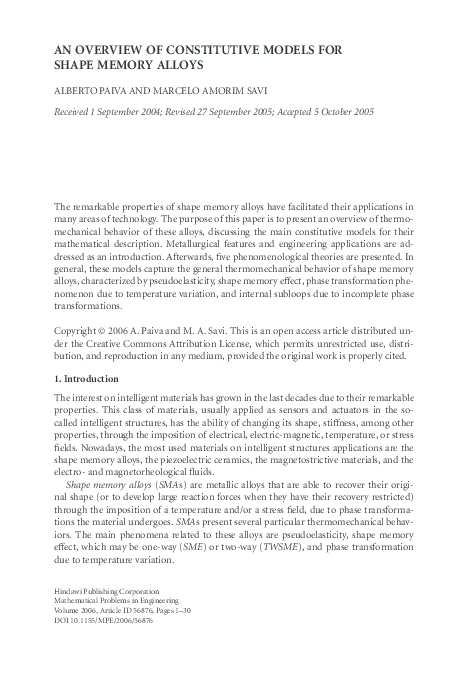 (PDF) An overview of constitutive models for shape memory alloys