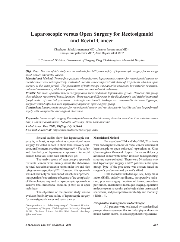 (PDF) Laparoscopic versus open surgery for rectosigmoid and rectal cancer