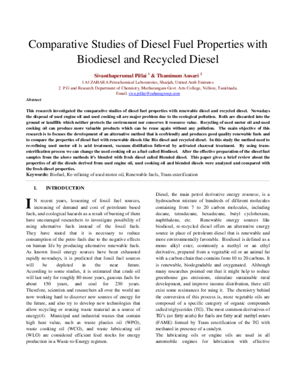 (PDF) Comparative study of Diesel fuels Properties Siva Pillai