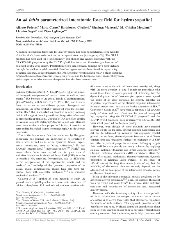 (PDF) An ab initio parameterized interatomic force field for hydroxyapatite