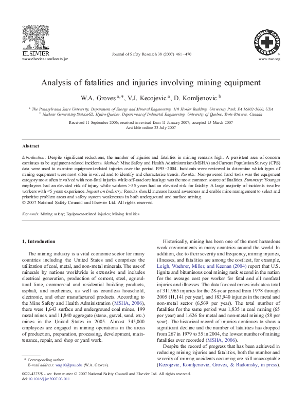 (PDF) Analysis of fatalities and injuries involving mining equipment