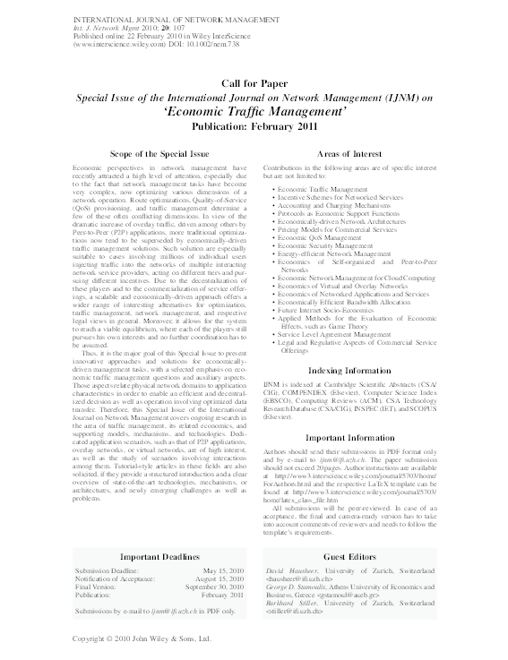 Pdf Special Issue Of The International Journal On Network Management Ijnm On Economic Traffic Management Fabio Ricciato Academia Edu