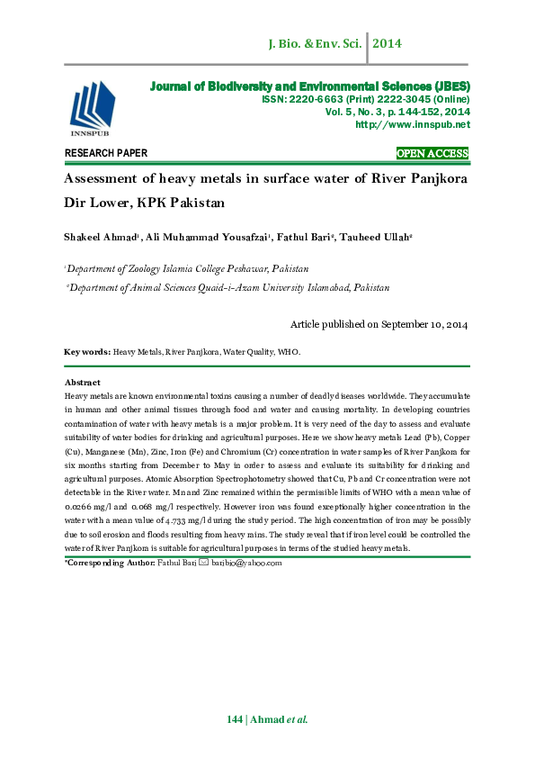 (PDF) Assessment of heavy metals in surface water of River Panjkora