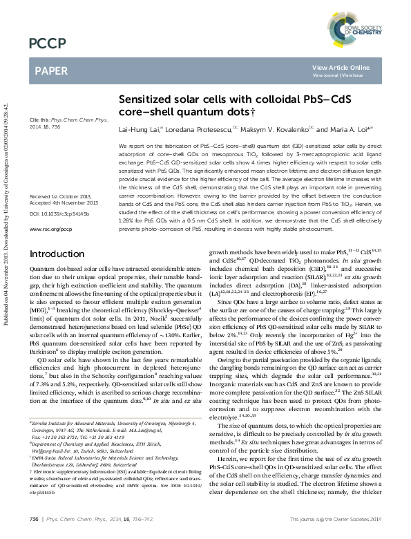 (PDF) Sensitized solar cells with colloidal PbS–CdS core–shell quantum dots
