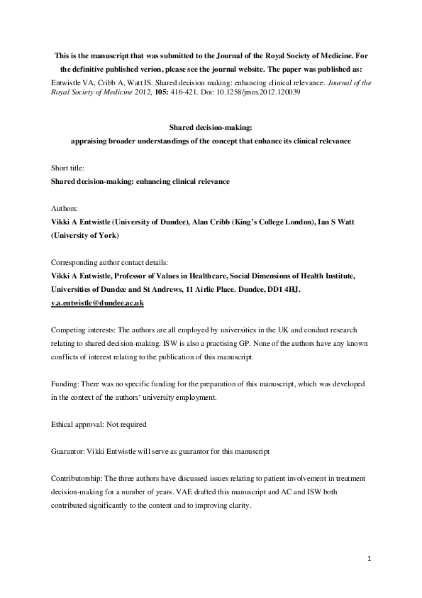 Pdf Shared Decision Making Enhancing The Clinical Relevance