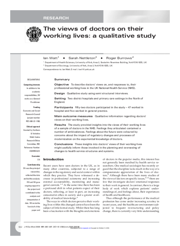 (PDF) The views of doctors on their working lives: a qualitative study