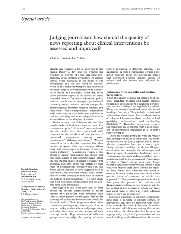 (PDF) Judging journalism: how should the quality of news reporting ...