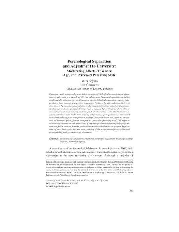 (PDF) Psychological Separation and Adjustment to University: Moderating ...
