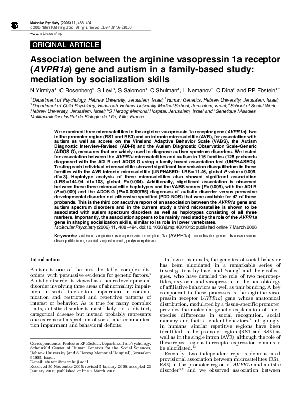 (PDF) Association between the arginine vasopressin 1a receptor (AVPR1a ...
