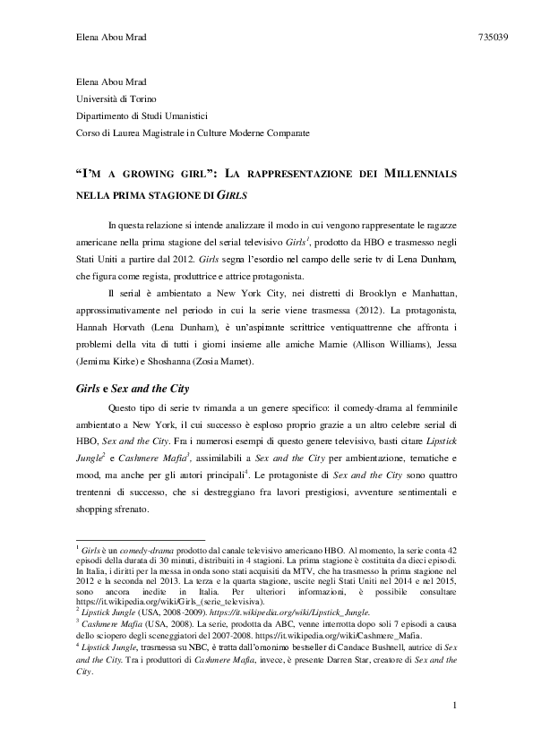 (PDF) “I’m a growing girl” La rappresentazione dei Millennials nella prima stagione di Girls
