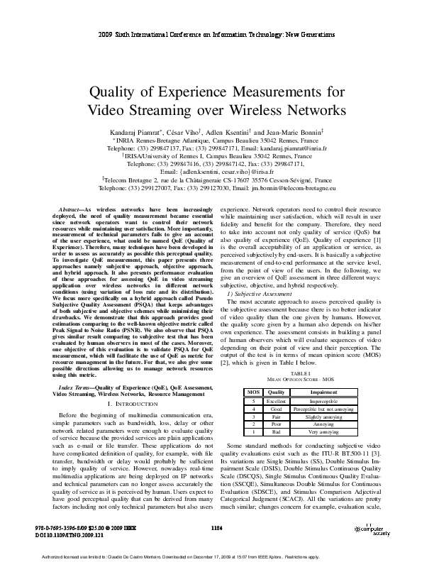 (PDF) Quality of Experience Measurements for Video Streaming over