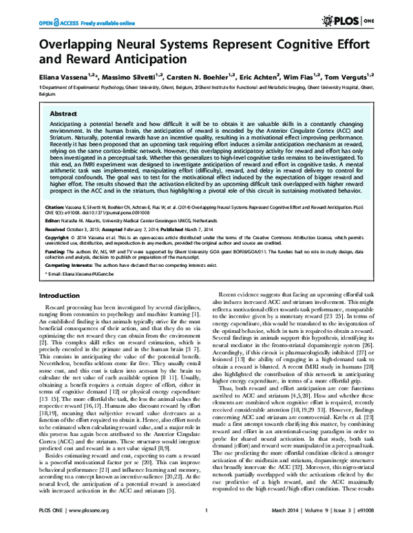 (PDF) Overlapping Neural Systems Represent Cognitive Effort and Reward ...