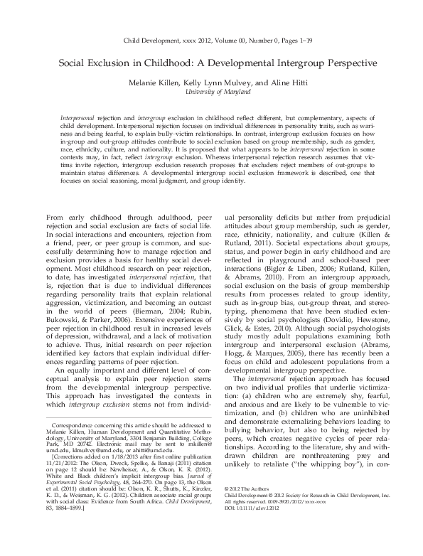(PDF) Social Exclusion in Childhood: A Developmental Intergroup Perspective