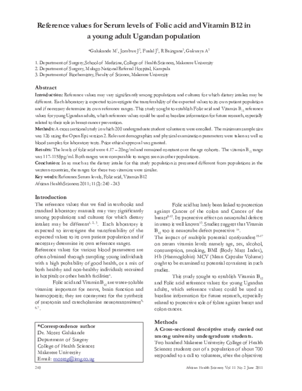 (PDF) Reference values for serum levels of folic acid and vitamin B12 ...