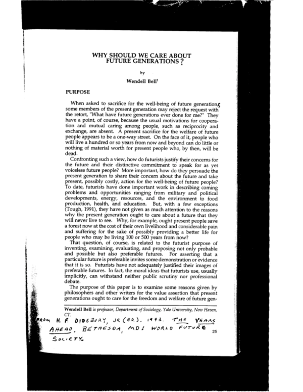(PDF) "Why should we care about future generations?" Pp. 2541 in Howard F. Didsbury, Jr. (ed